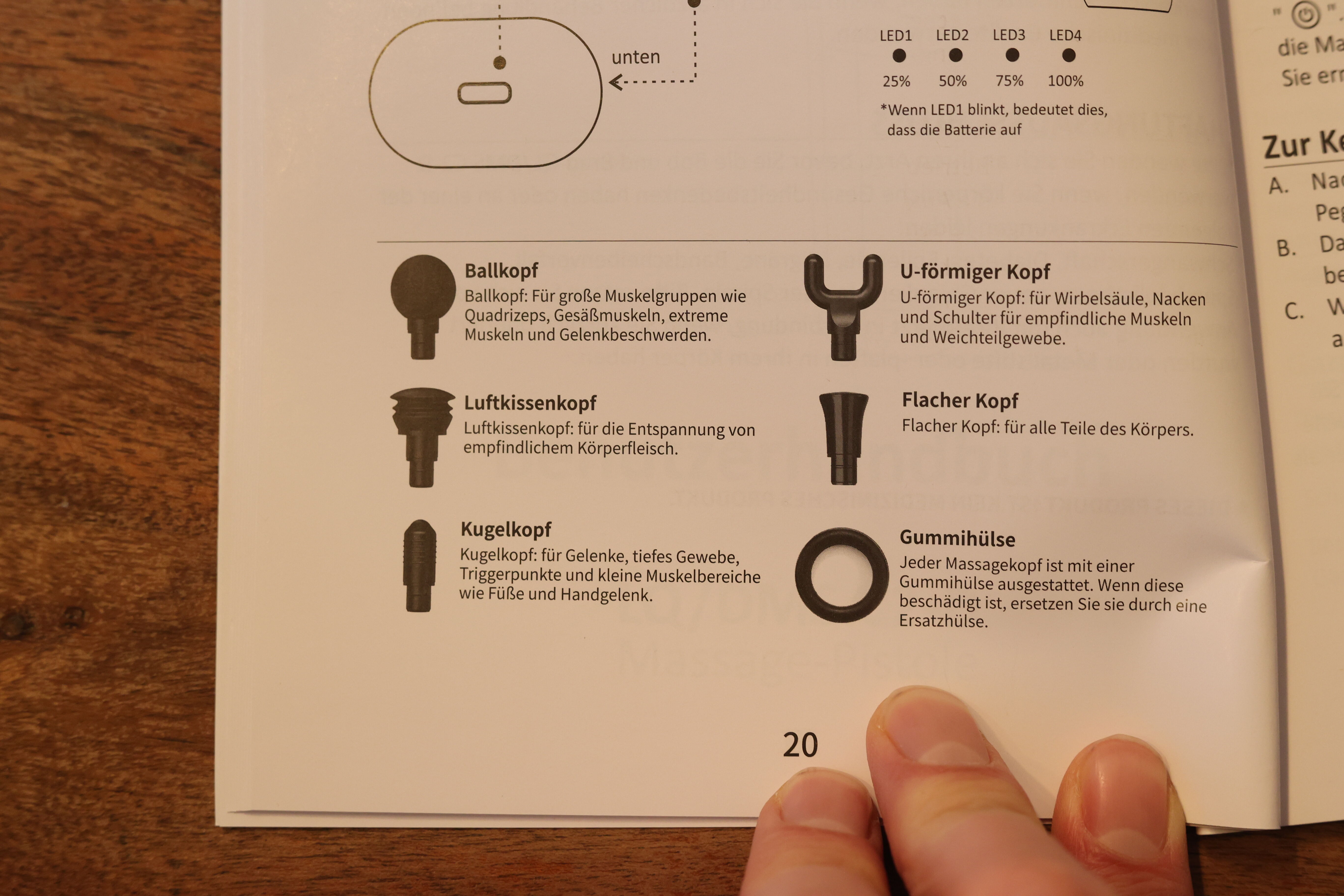 Massagepistole Aufsätze in Bedienungsanleitung